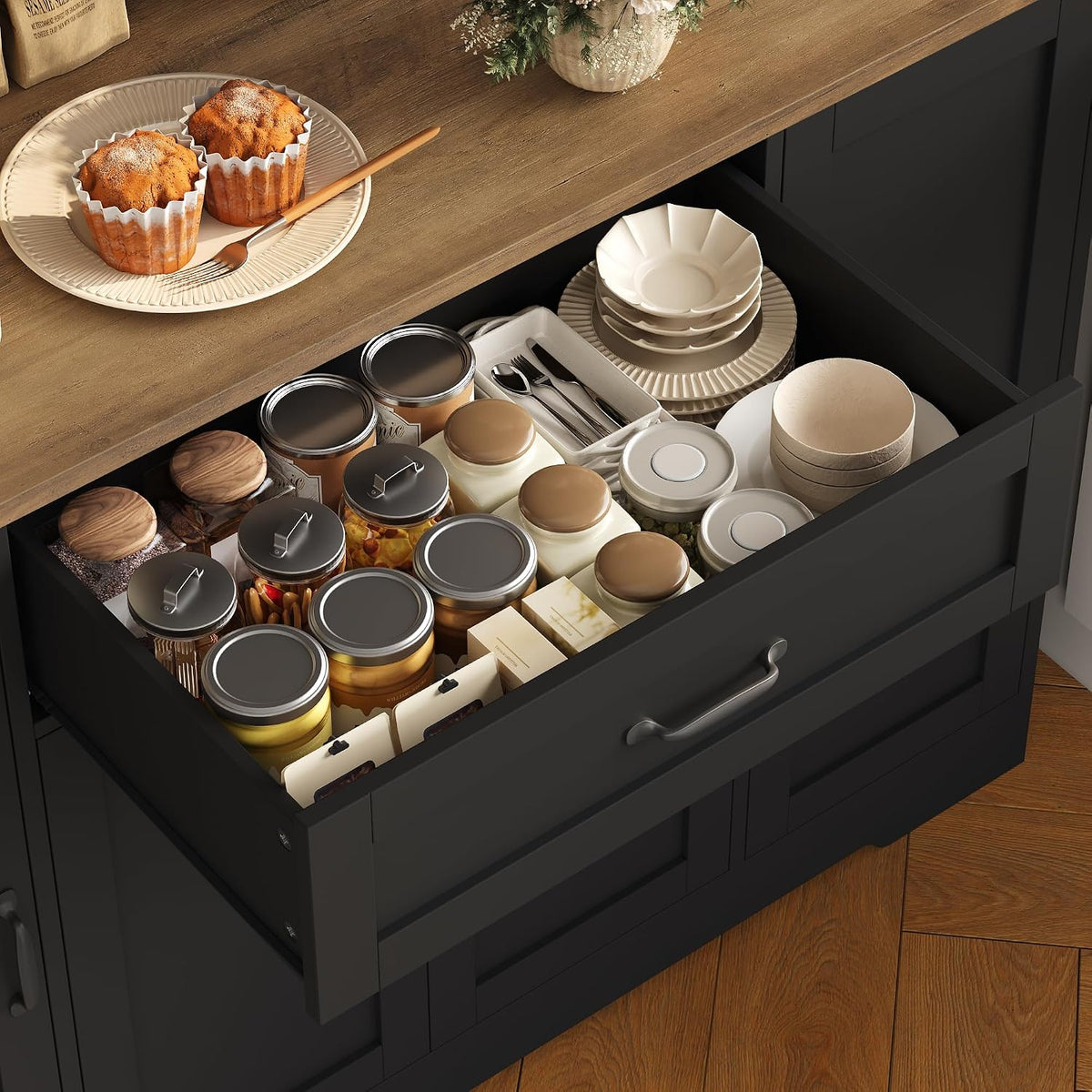 HITHOS 70" LED Kitchen Pantry Cabinet with Charging Station, 47" Wide Pantry Storage Cabinet with Large Microwave Stand, Modern Kitchen Hutch with Drawers for Dining Room, Black