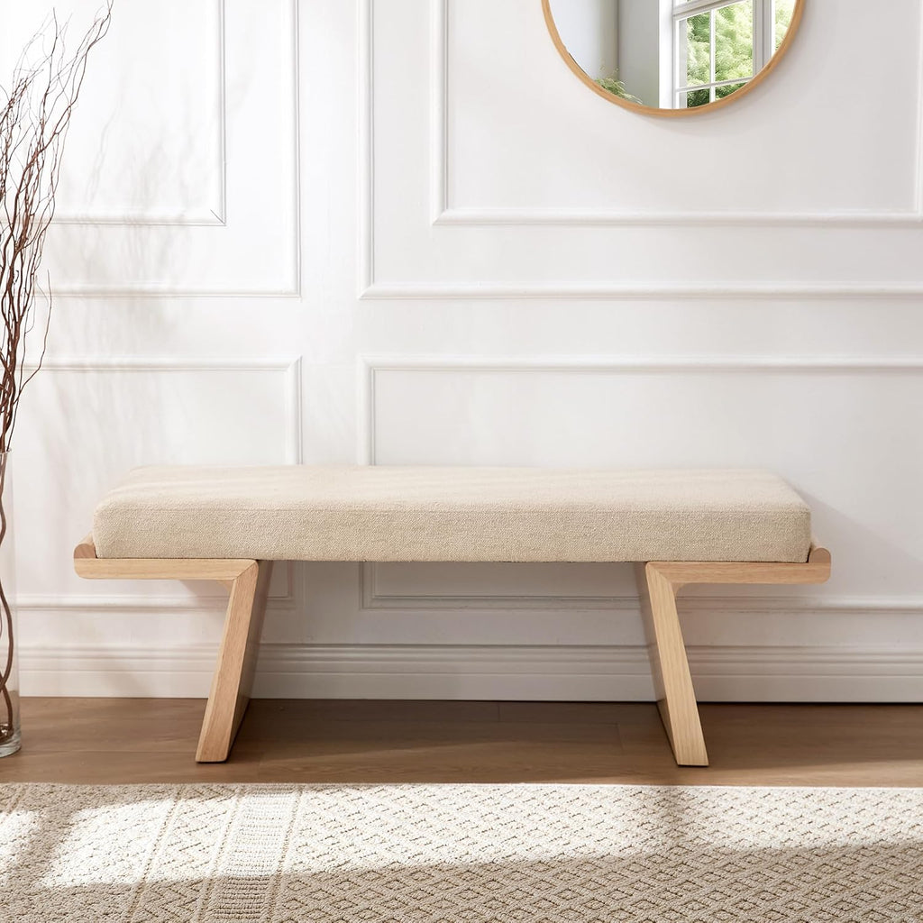 47.2" Natural Wood Bedroom Bench, Upholstered Entryway Bench, Modern End of Bed Ottoman with Soft Padded Seat & Solid Wood Frame for Dining Room and Living Room, Linen