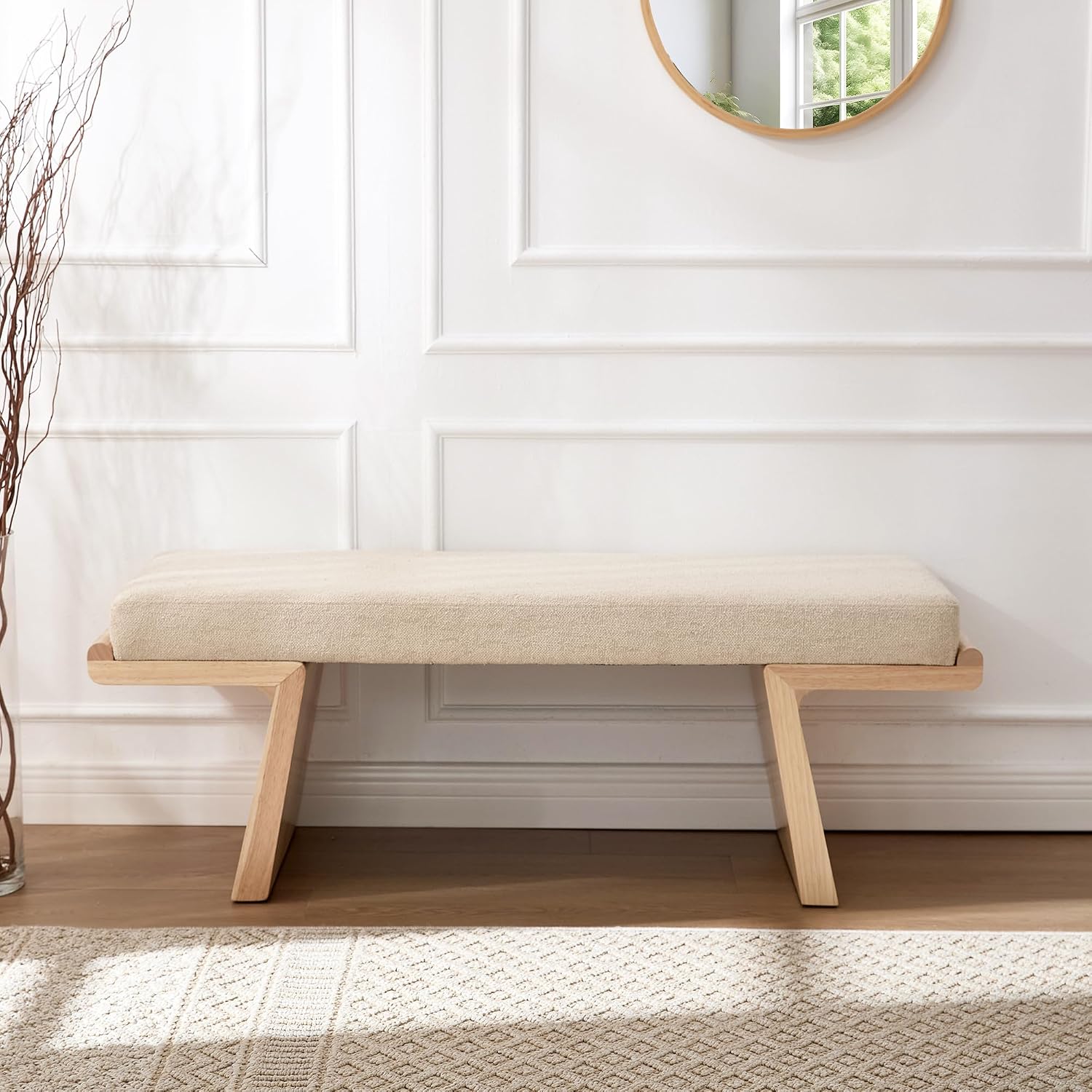 47.2" Natural Wood Bedroom Bench, Upholstered Entryway Bench, Modern End of Bed Ottoman with Soft Padded Seat & Solid Wood Frame for Dining Room and Living Room, Linen