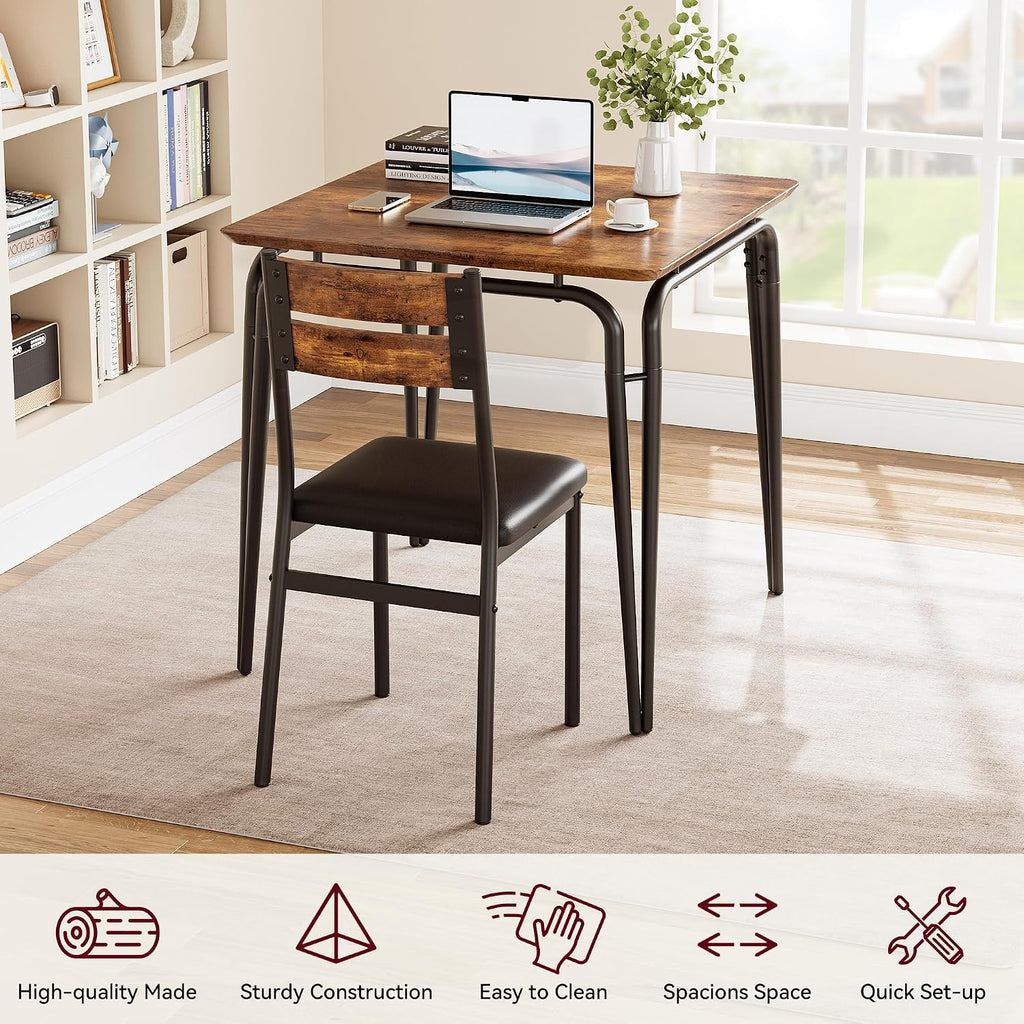 GAOMON 3-Piece Dining Table Set, Sturdy Wooden Square Table and Chair Breakfast Table Set for 2 Person,for Home or Commercial Dining Room,Vintage Brown