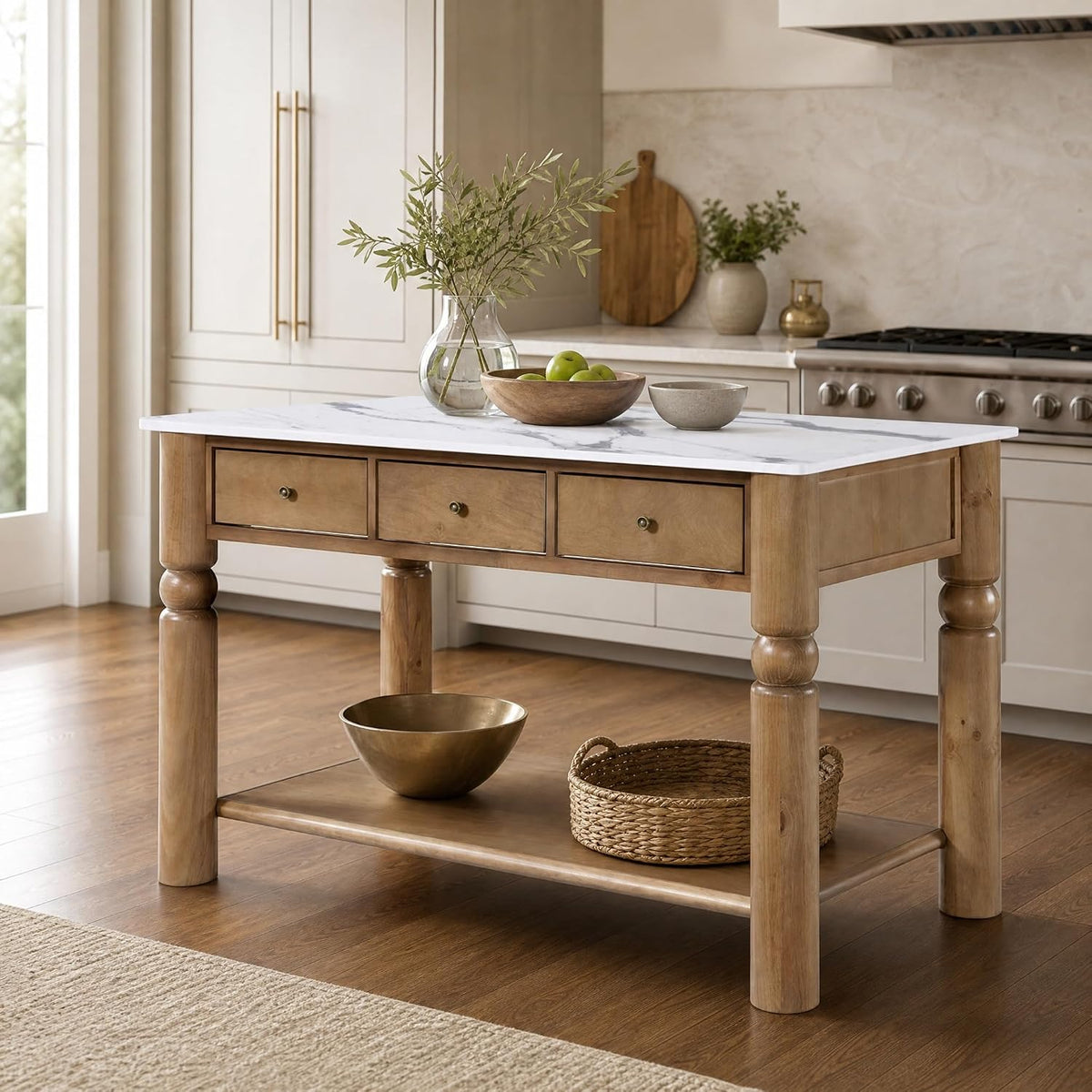 Christopher Knight Home Athen Wooden Kitchen Island with Storage & Marble-Look Tabletop, Island Table for Kitchen, Turned Ball Legs, Storage Cabinet with Drawers + Open Shelf, Walnut + White