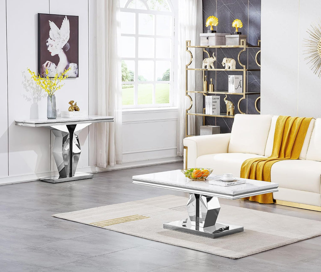 SSLine Modern White Faux Marble Console Table Luxury Entryway Table with Silver Pedestal Base 46.8" Mid-Century Elegant Sofa Table w/Mirrored Stainless Steel Frame for Living Room Hallway