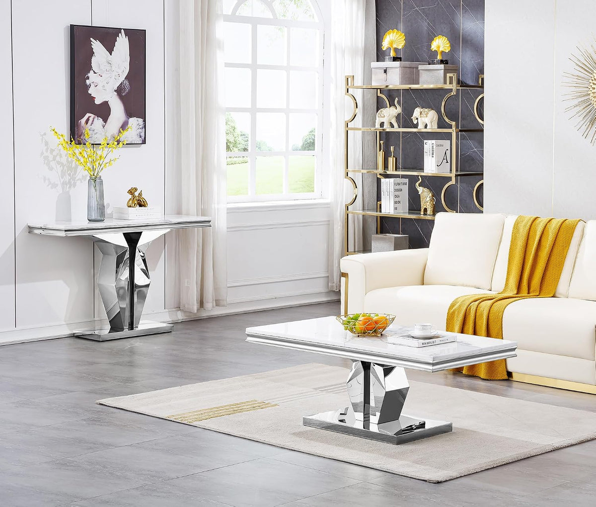SSLine Modern White Faux Marble Console Table Luxury Entryway Table with Silver Pedestal Base 46.8" Mid-Century Elegant Sofa Table w/Mirrored Stainless Steel Frame for Living Room Hallway
