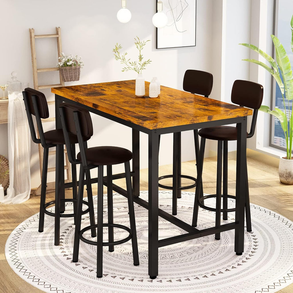 Lamerge Bar Table Set for 4 Kitchen Table and Chairs Set, Industrial Dinner Table with 4 PU Upholstered Stools Kitchen Pub Table for Kitchen, Space Saving, Restaurant (Rustic Brown and Black)