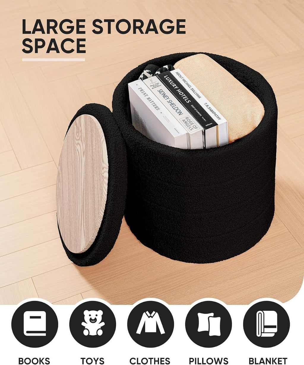 B FSOBEIIALEO Folding Storage Ottoman, Round Sherpa Ottomans, Black | 16.9" Foldable Ottoman With Tray, Boucle Foot Stool, Small Storage Coffee Table for Living Room, Bedroom, Hallway