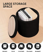 B FSOBEIIALEO Folding Storage Ottoman, Round Sherpa Ottomans, Black | 16.9" Foldable Ottoman With Tray, Boucle Foot Stool, Small Storage Coffee Table for Living Room, Bedroom, Hallway
