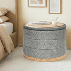 Round Storage Ottoman with Tray Lid, Folding Chenille Fabric Footrest with Hidden Storage, 22.8" Large Footstool Side Table for Dorm Living Room Bedroom, Wood Grain Base, Grey