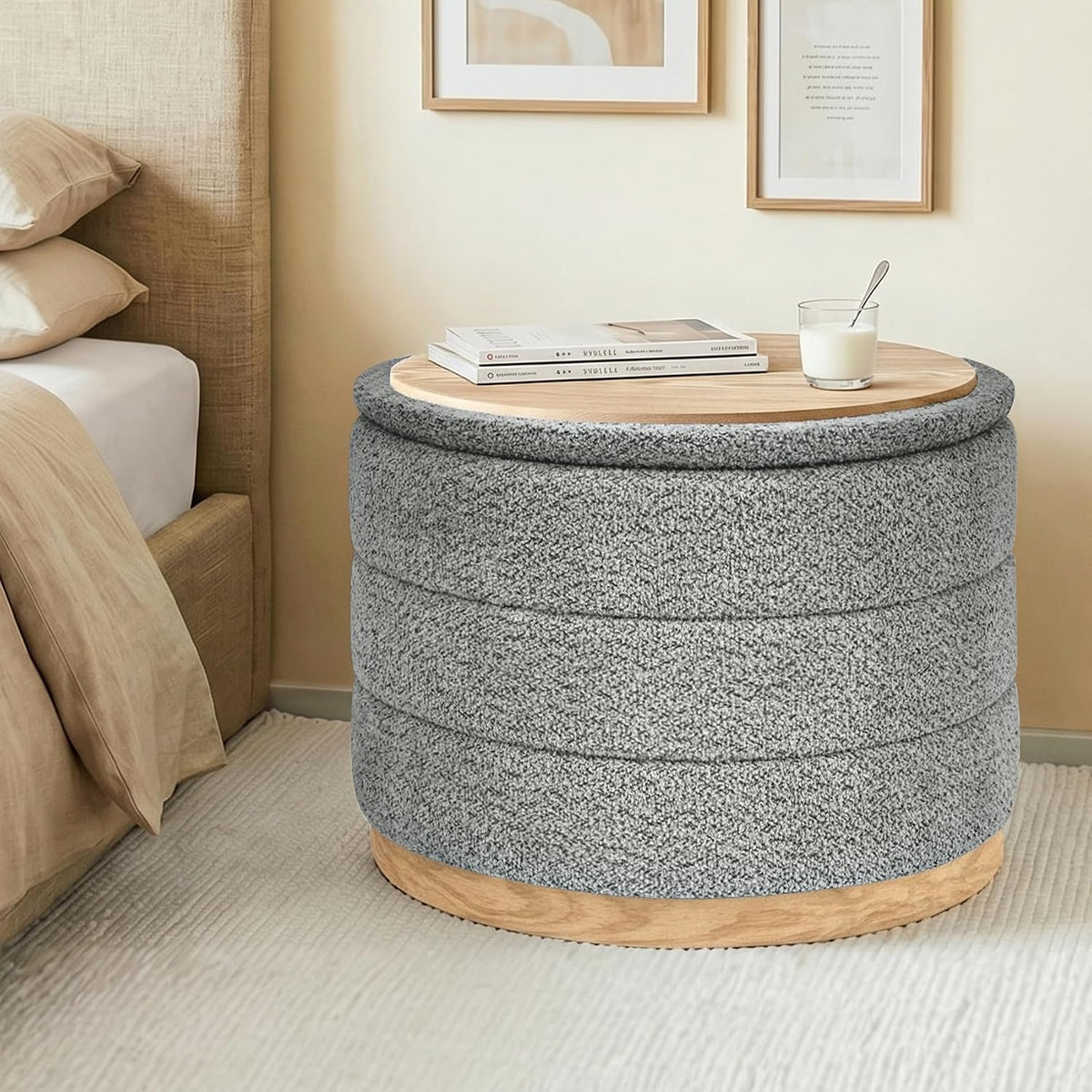 Round Storage Ottoman with Tray Lid, Folding Chenille Fabric Footrest with Hidden Storage, 22.8" Large Footstool Side Table for Dorm Living Room Bedroom, Wood Grain Base, Grey