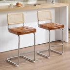 Zesthouse Natural Rattan Counter Stools Set of 2, 26" Modern Boho Barstools | Mid Century Modern Barstool with Cane Mesh & Chrome Base, Vintage Faux Leather Counter Height Chair for Kitchen Island, Brown