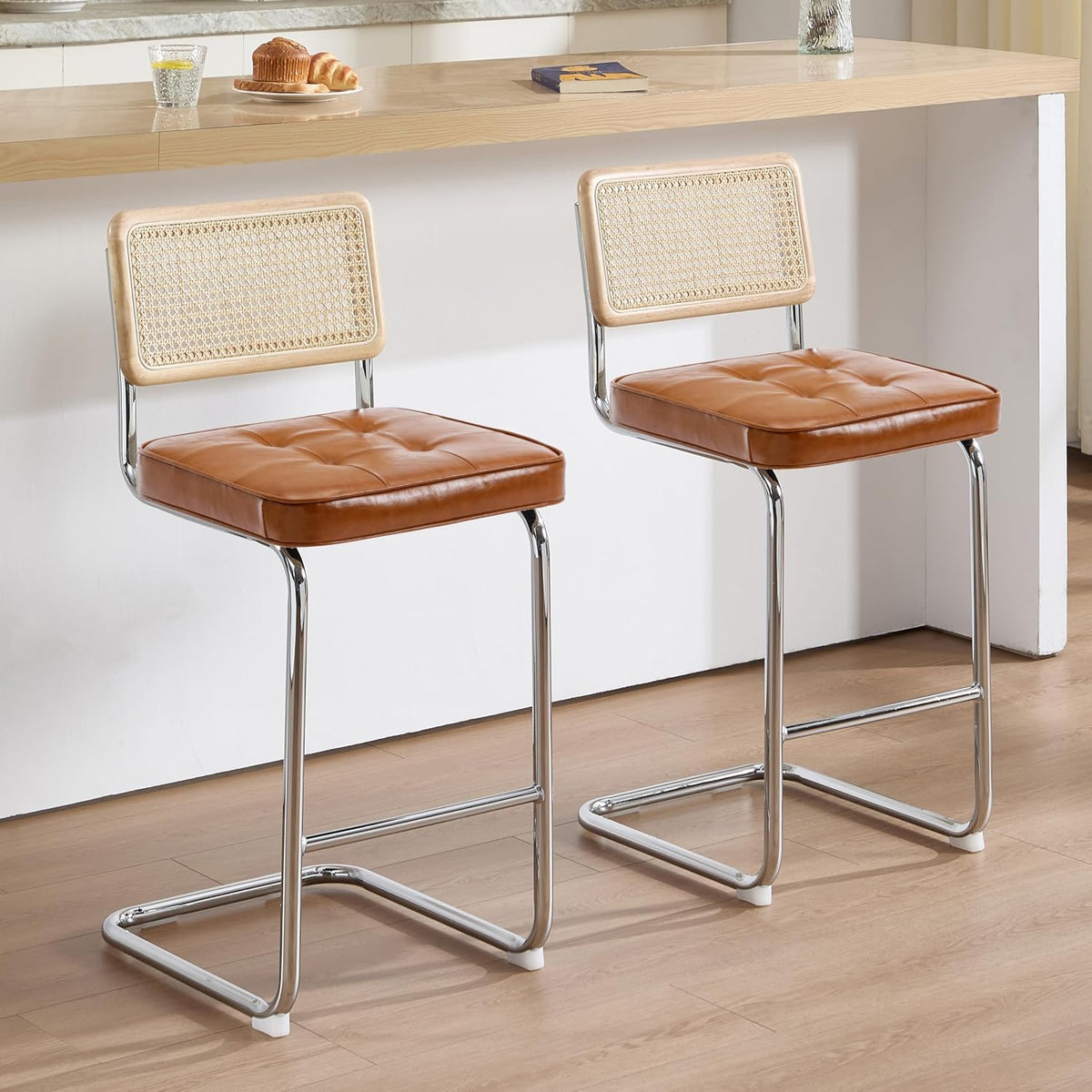 Zesthouse Natural Rattan Counter Stools Set of 2, 26" Modern Boho Barstools | Mid Century Modern Barstool with Cane Mesh & Chrome Base, Vintage Faux Leather Counter Height Chair for Kitchen Island, Brown