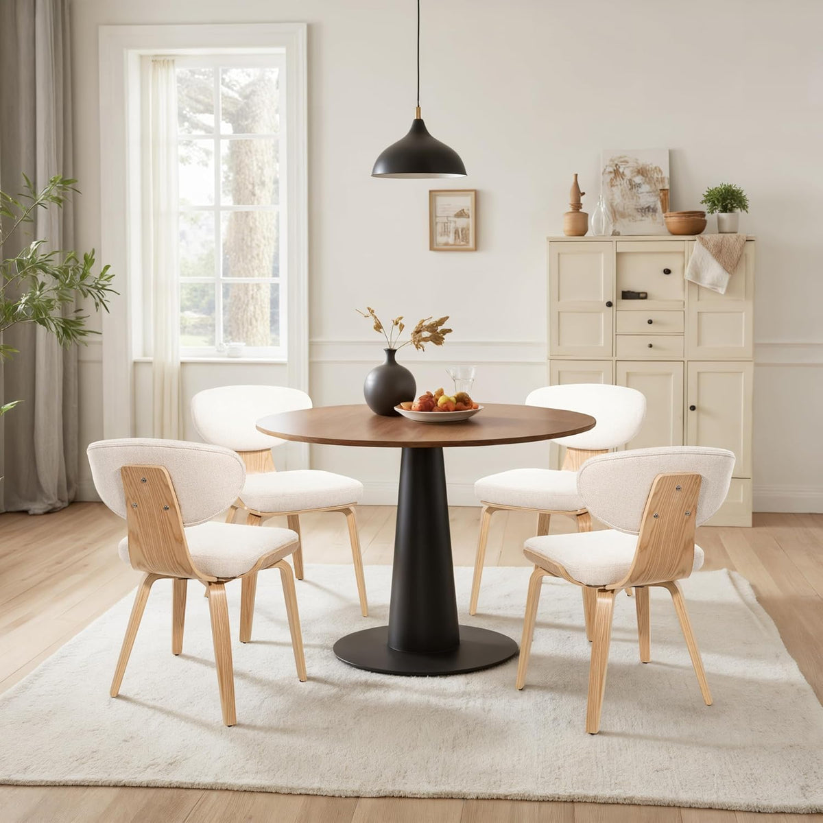 Art Leon Dining Chairs Set of 4 - Mid Century Modern Dining Room Chairs Upholstered Fabric Armless Side Chair with Wood Legs for Kitchen, Walnut Bentwood/White