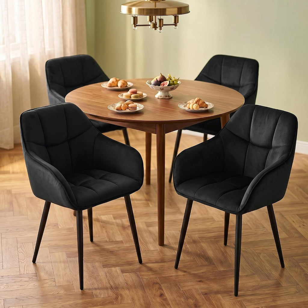 Modern Black Velvet Dining Chairs Set of 2, Upholstered Tufted Side Chairs with Arms, Black Metal Legs, Accent Arm Chairs for Kitchen, Dining Room, Living Room (Black)
