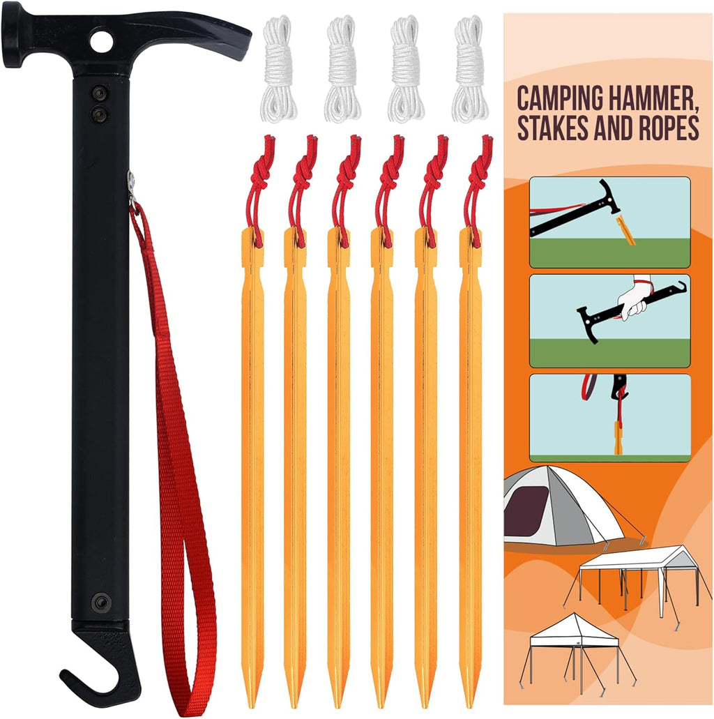 Eurmax USA Hiking Camping Tent Stakes and Hammer Set Lightweight Multi-Function Tent Hammer with Tent Stake Remover,Tent Pegs for Camping, Hiking, Backpacking, Gardening(Gold Stakes)