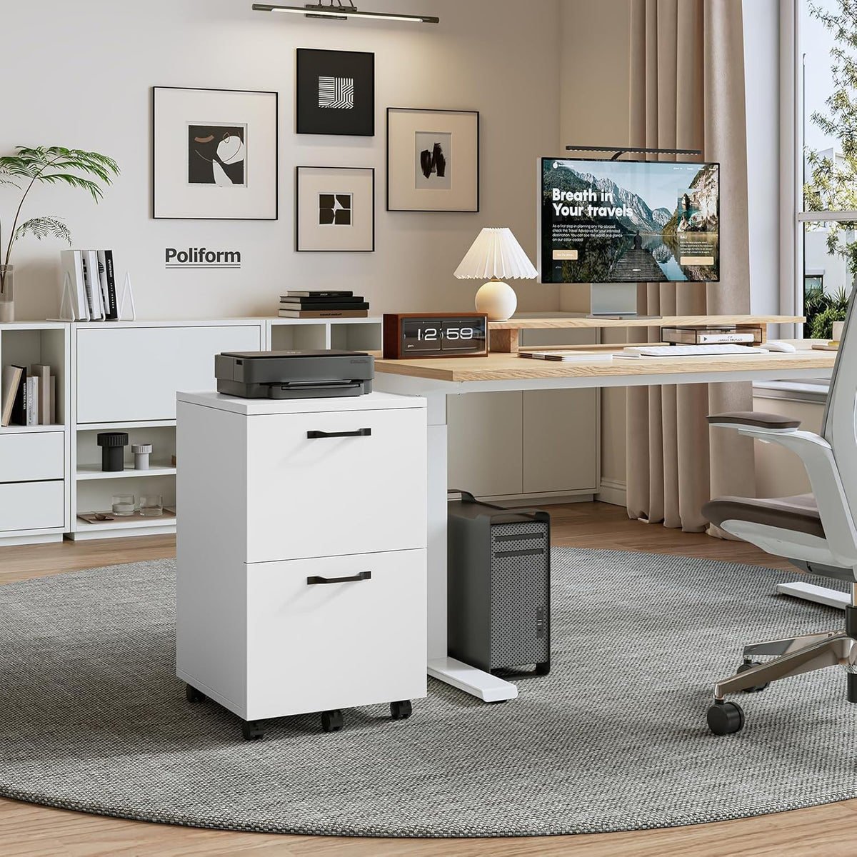 DUMOS 2 Drawer Storage Cabinet, Rolling Under Desk Storage, White | Not for Hanging Files, Printer Stand, Lockable Wheels, Mobile Wood Home Office Organizer