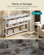SONGMICS Console Table with Charging Station, Narrow Sofa Table with LED Lighting, for Entryway, Living Room, 11.8 x 38.9 x 31 Inches, 3 Fabric Drawers, Cloud White, BELLAH Collection ULGS198W101