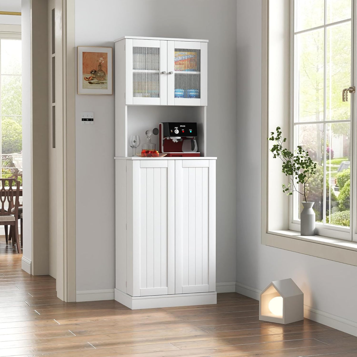 71'' Pantry Cabinet, Tall Storage Cabinet with Microwave Stand, Freestanding Kitchen Hutch with Doors and Adjustable Shelves, Mordern Food Pantry for Kitchen