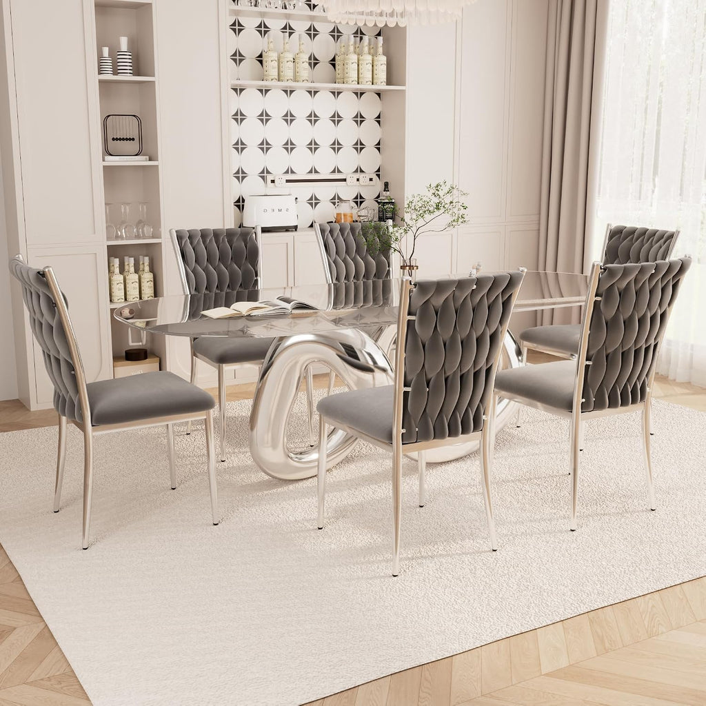 Velvet Dining Chairs Set of 6, Modern Upholstered Kitchen Chairs with Silver Metal Legs, Woven Velvet Fabric and High Back, Dirt Resistance, Easy to Assemble, for Home, Living Room - Dark Grey