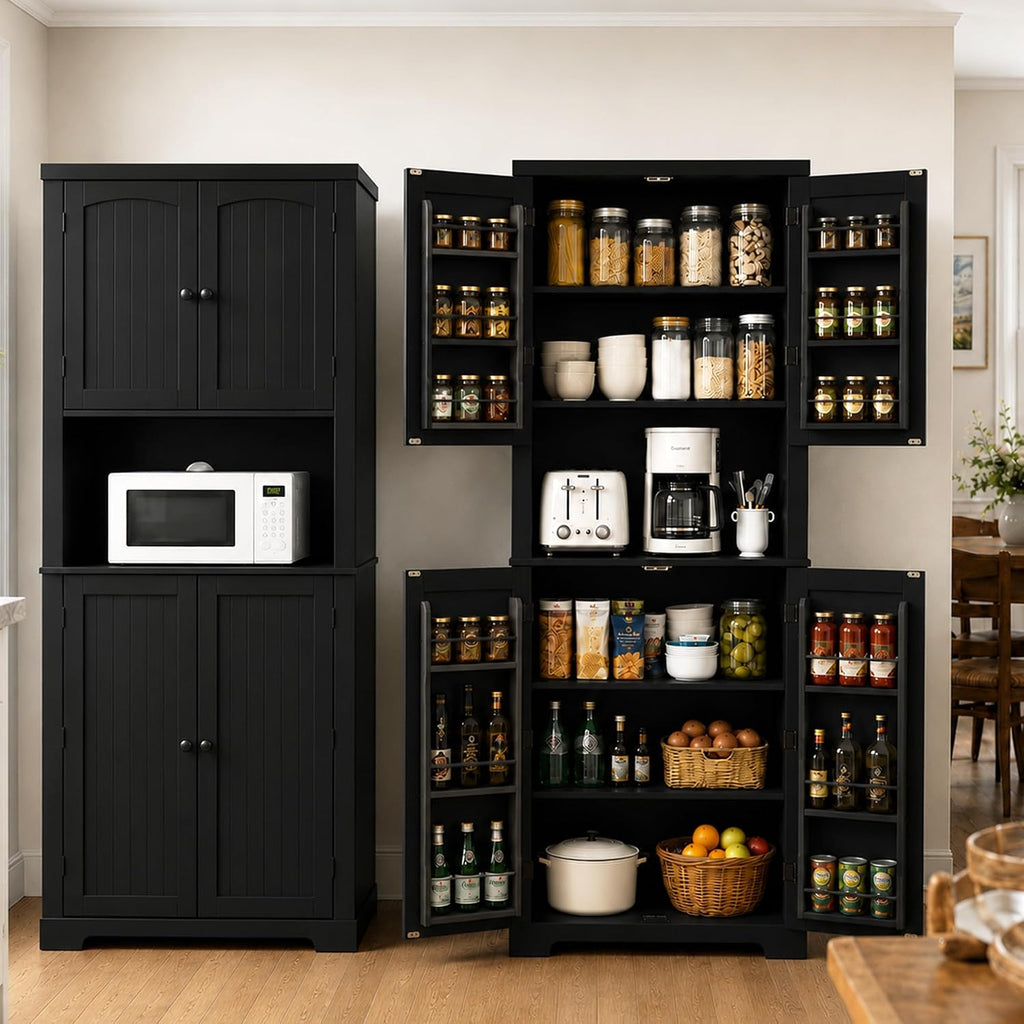 HLR 72" Kitchen Pantry Storage Cabinet with Open Countertop, Freestanding Larder Cupboard with Microwave Stand, Utility Laundry Room Storage Cabinet with Doors and Shelves for Dining Room, Living Room