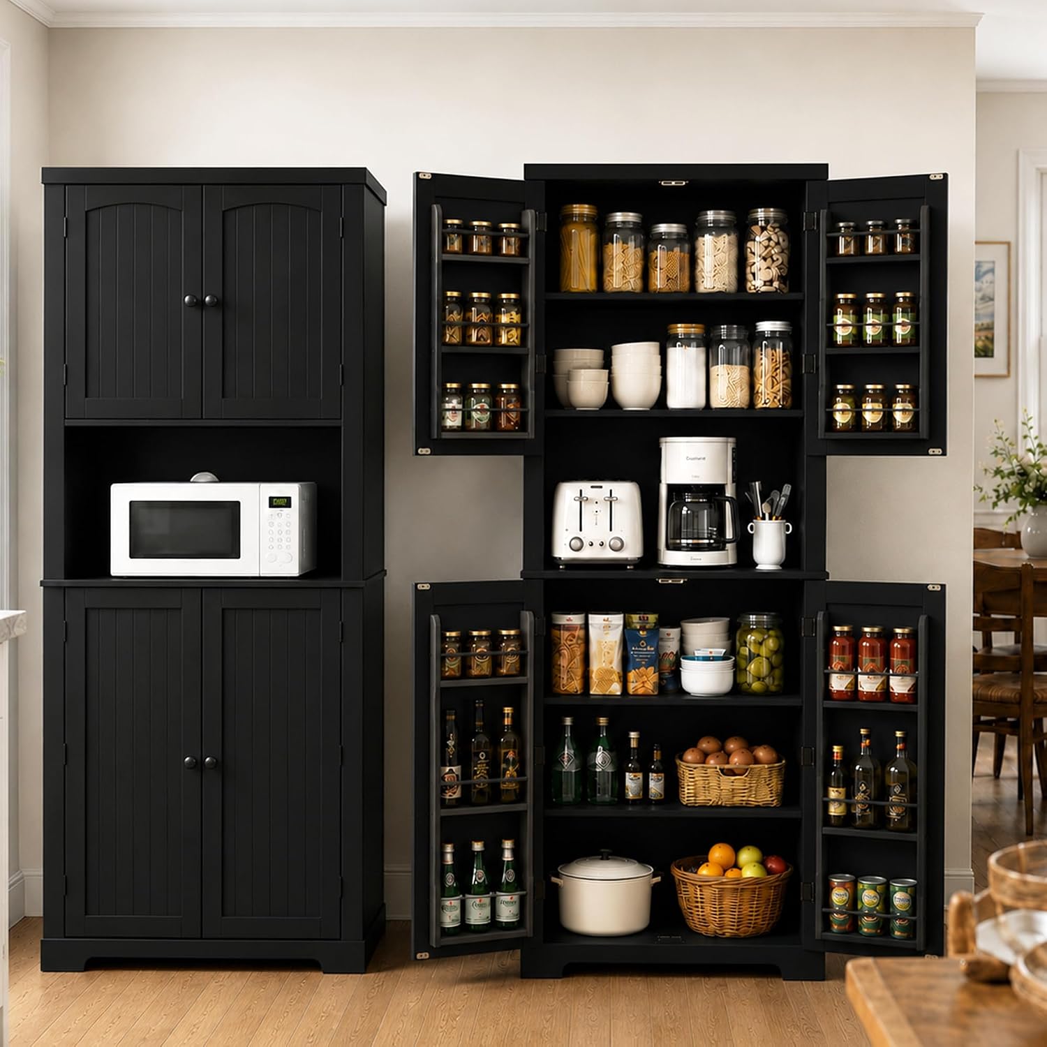 HLR 72" Kitchen Pantry Storage Cabinet with Open Countertop, Freestanding Larder Cupboard with Microwave Stand, Utility Laundry Room Storage Cabinet with Doors and Shelves for Dining Room, Living Room