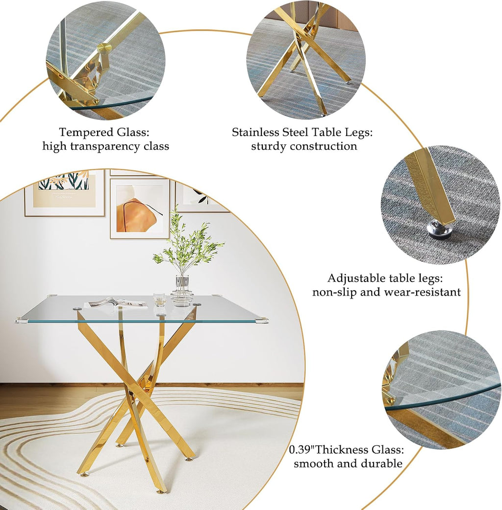 AF ARTISAN FURNITURE 5 Piece Square Glass Dining Table Set, Gold Glass Kitchen Table Set for 4 Modern Table Set with 4 White PU Upholstered Dining Chairs, for Small Space, Breakfast Nook