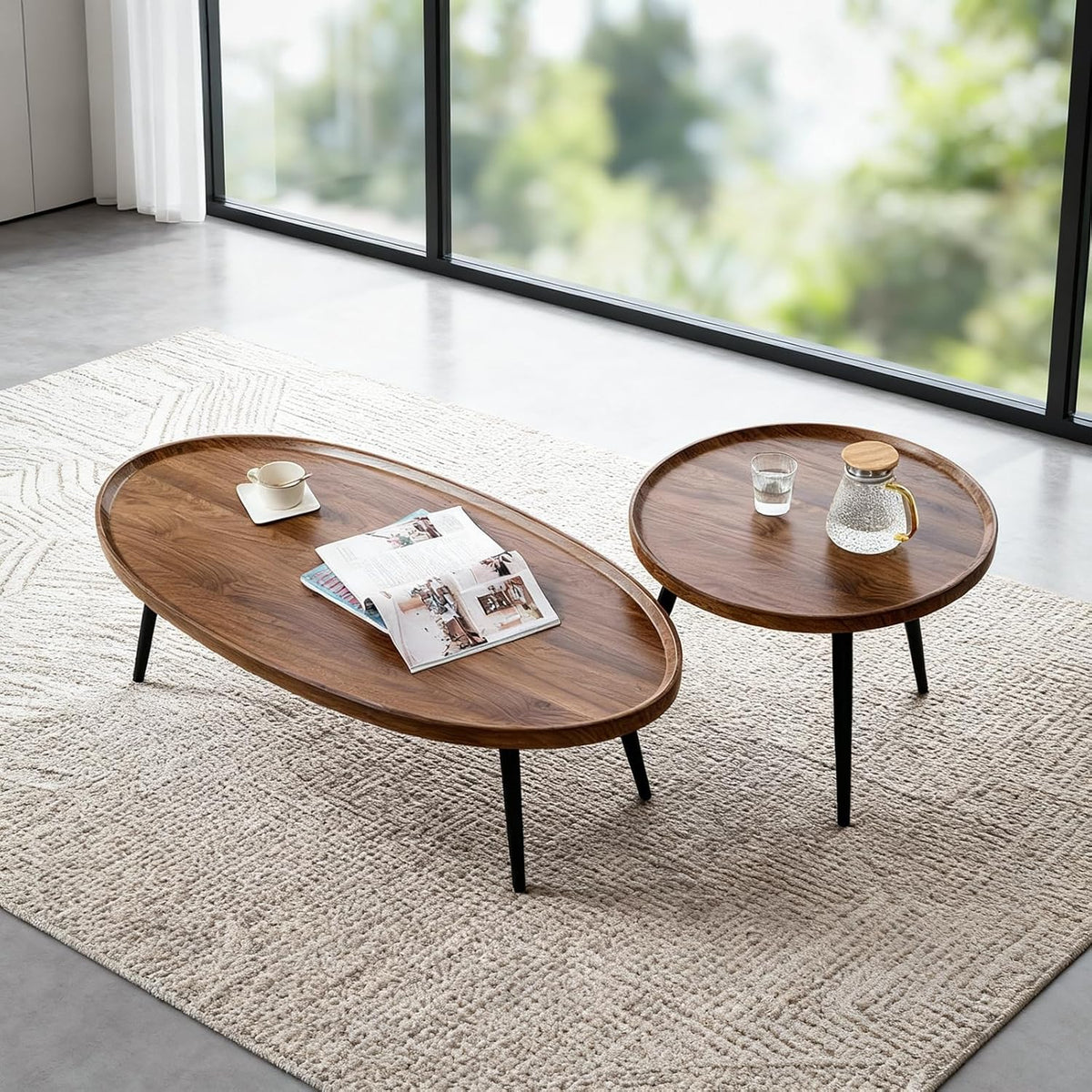 Nesting Coffee Table Set of 2-Mid Century Modern Guitar Pick Stacking Tables with Solid Wood Legs-Waterproof Circle Center Table for Living Room Bedroom Balcony