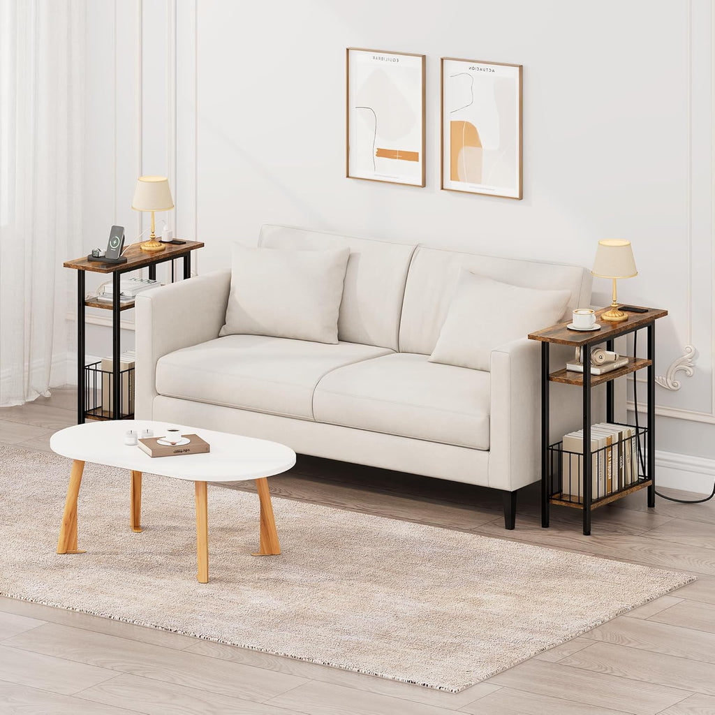 Vagusicc Narrow Side Table with Charging Station, 3-Tier Skinny Side End Table for Couch Sofa, Small End Side Tables for Small Spaces, 25.2" Tall Slim Nightstand for Living Room, Bedroom, Rustic Brown