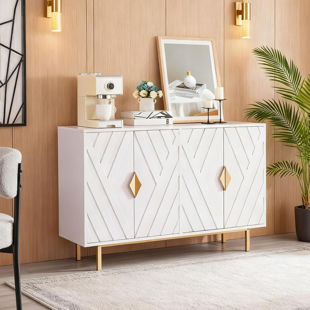 Sideboard Buffet Cabinets with Storage, Accent Storage Cabinets with Fluted Doors, Gold Metal Handle and Legs, Wood Console Table Credenza for Living Room, Entryway, White