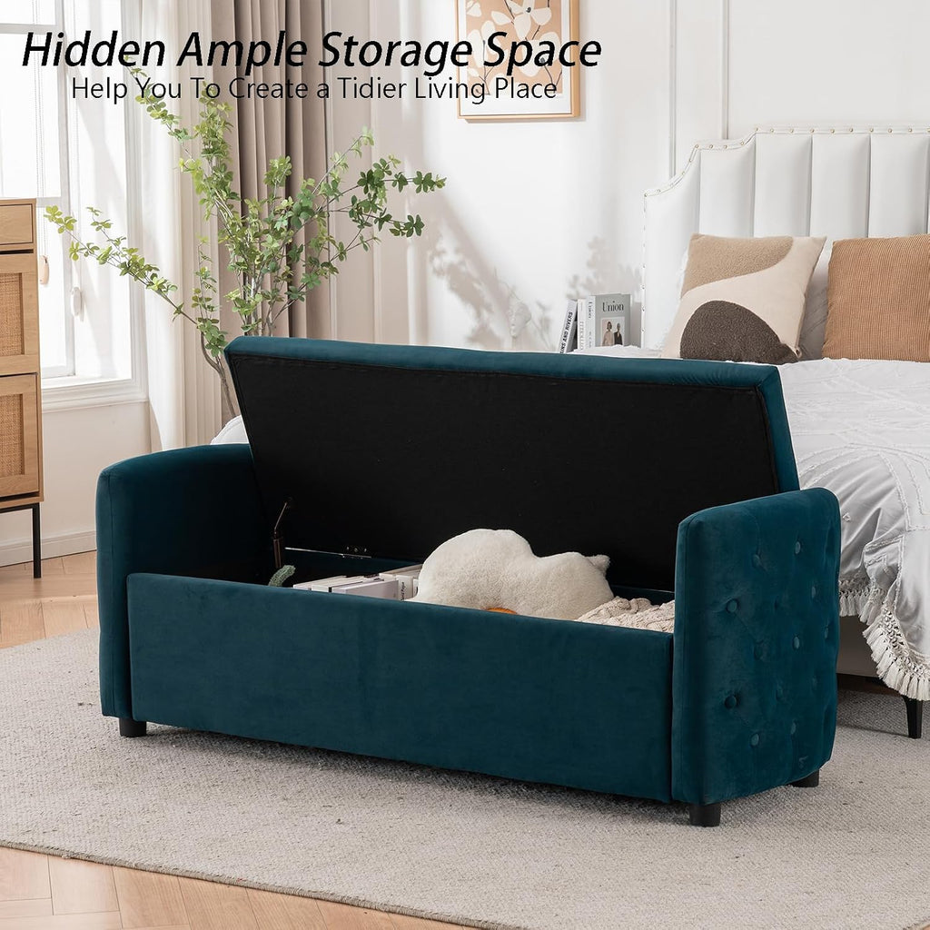 Storage Bench for Bedroom, 60" End of Bed Bench for King Size Bed,Tufted Bench Modern Upholstered Long Ottoman Bench with Arm (Teal, Velvet-60 Wide)