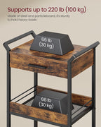 VASAGLE Storage Cart, 3-Tier Rolling Utility Cart with Table Top | Top Drawer, Mesh Shelves, Handles, 4 Lockable Casters, Rustic Brown and Matte Black, DACEY Collection ULRC048K01