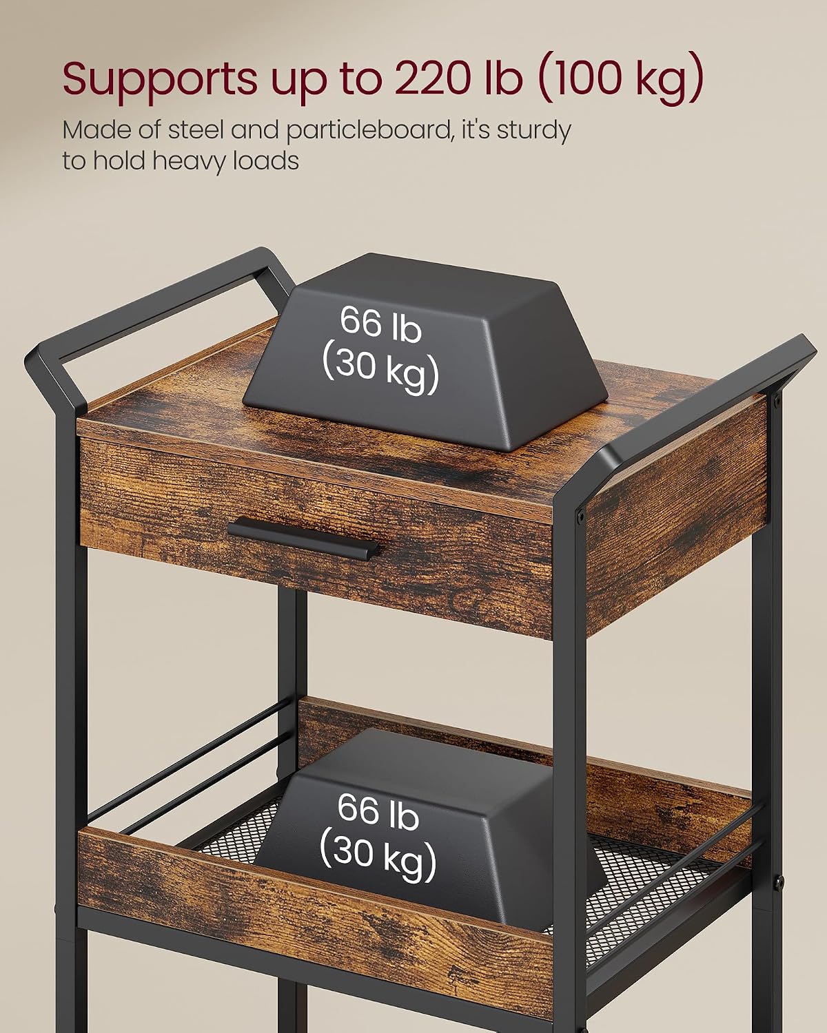 VASAGLE Storage Cart, 3-Tier Rolling Utility Cart with Table Top | Top Drawer, Mesh Shelves, Handles, 4 Lockable Casters, Rustic Brown and Matte Black, DACEY Collection ULRC048K01