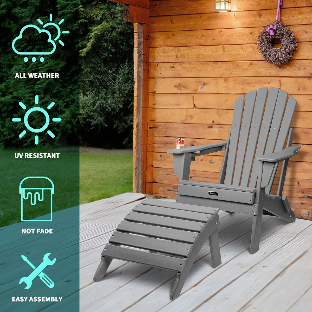 Folding Adirondack Ottoman Set of 2, Outdoor Foot Rest, Patio Footstool | Portable, HDPE All Weather, Easy Storage, No Rot or Rust or Crack, Fade Shield, Save Space, Easy-Clean for Indoor or Outdoor