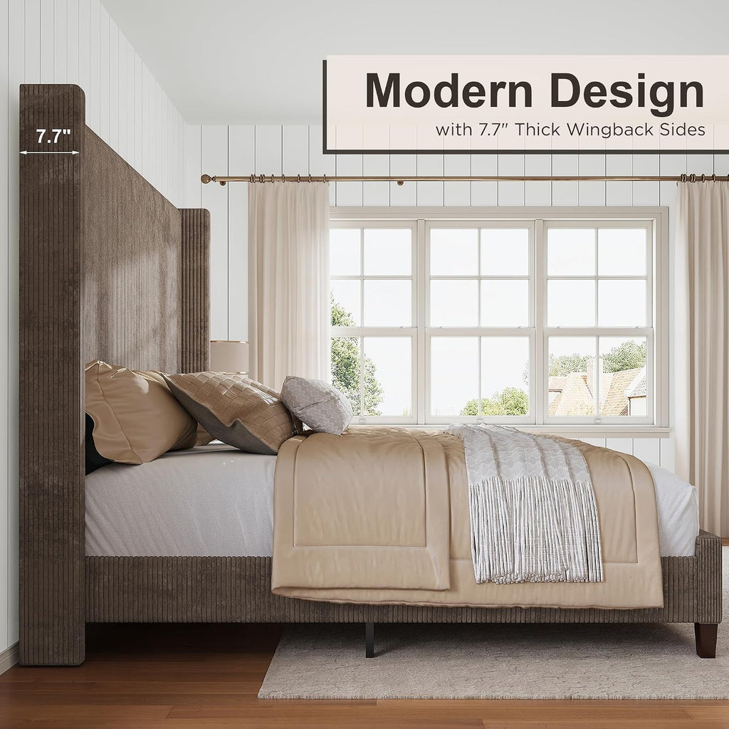 HOWE Upholstered King Size Bed Frame with 61" Wingback Headboard, Chestnut