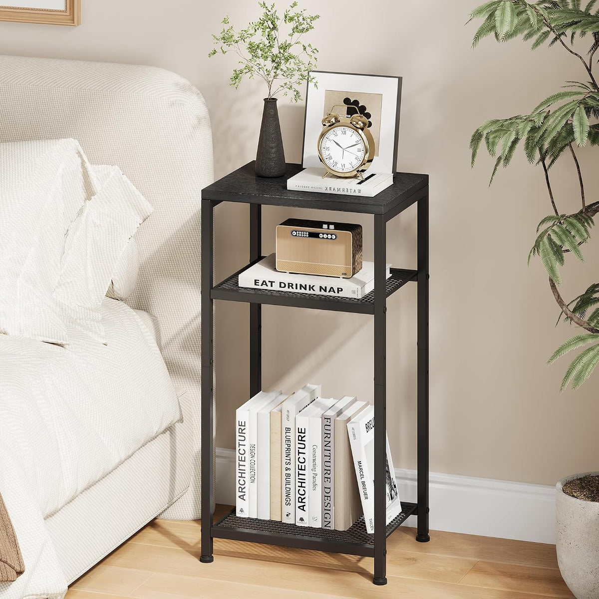 Heybly Small Side Table Set of 2, Tall End Table with Adjustable Shelf, Telephone Table, Nightstand, Accent Table Stand, Small Entryway Table, Bedroom,Living Room, Office,Bathroom, Black, HET003BK2