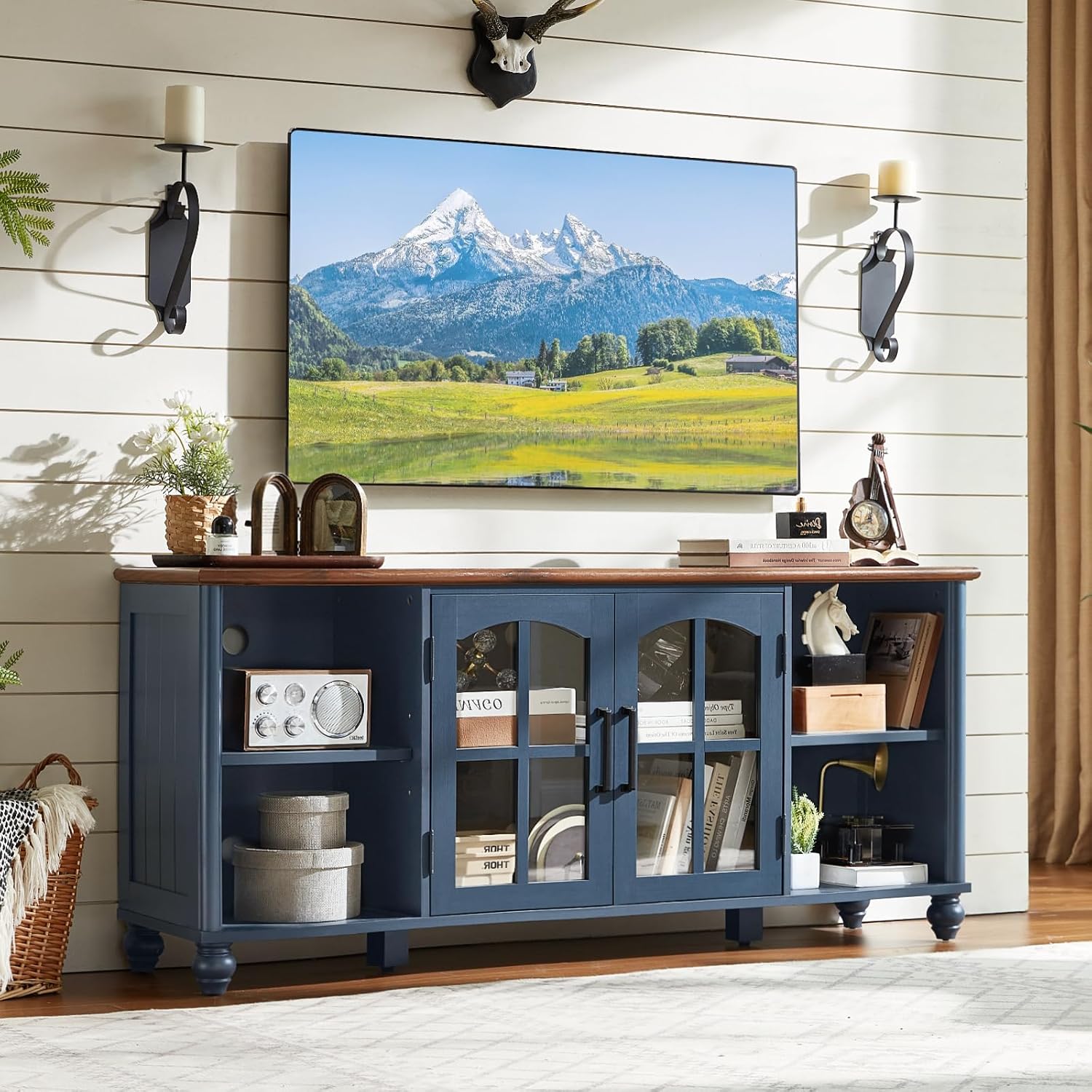 RWYHG Farmhouse TV Stand for 60 in TV, Entertainment Center for Living Room | Adjustable Shelves, Magnetic Glass Door, Sturdy Gourd Base, Wood Grain Top, High Capacity Storage Cabinet, Navy Blue