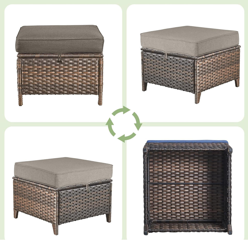 Patio Wicker Ottomans Set of 2, All Weather Outdoor Rattan Ottoman Seat, 2 Pieces Outdoor Patio Ottomans, Outdoor Footstool Footrest Seat, Brown Wicker Grey Cushions