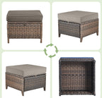 Patio Wicker Ottomans Set of 2, All Weather Outdoor Rattan Ottoman Seat, 2 Pieces Outdoor Patio Ottomans, Outdoor Footstool Footrest Seat, Brown Wicker Grey Cushions