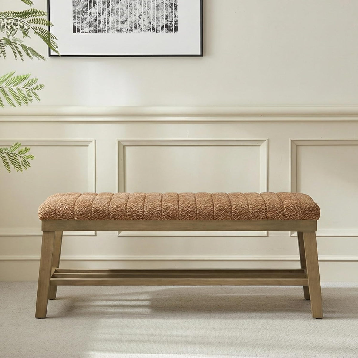 VKNOW Entryway Bench, 44.4" Upholstered Storage Shoe Bench for Entryway Bedroom, Shoe Rack Bench with Rubberwood Legs, Modern End of Bed Bench for Living Room and Hallway, Orange