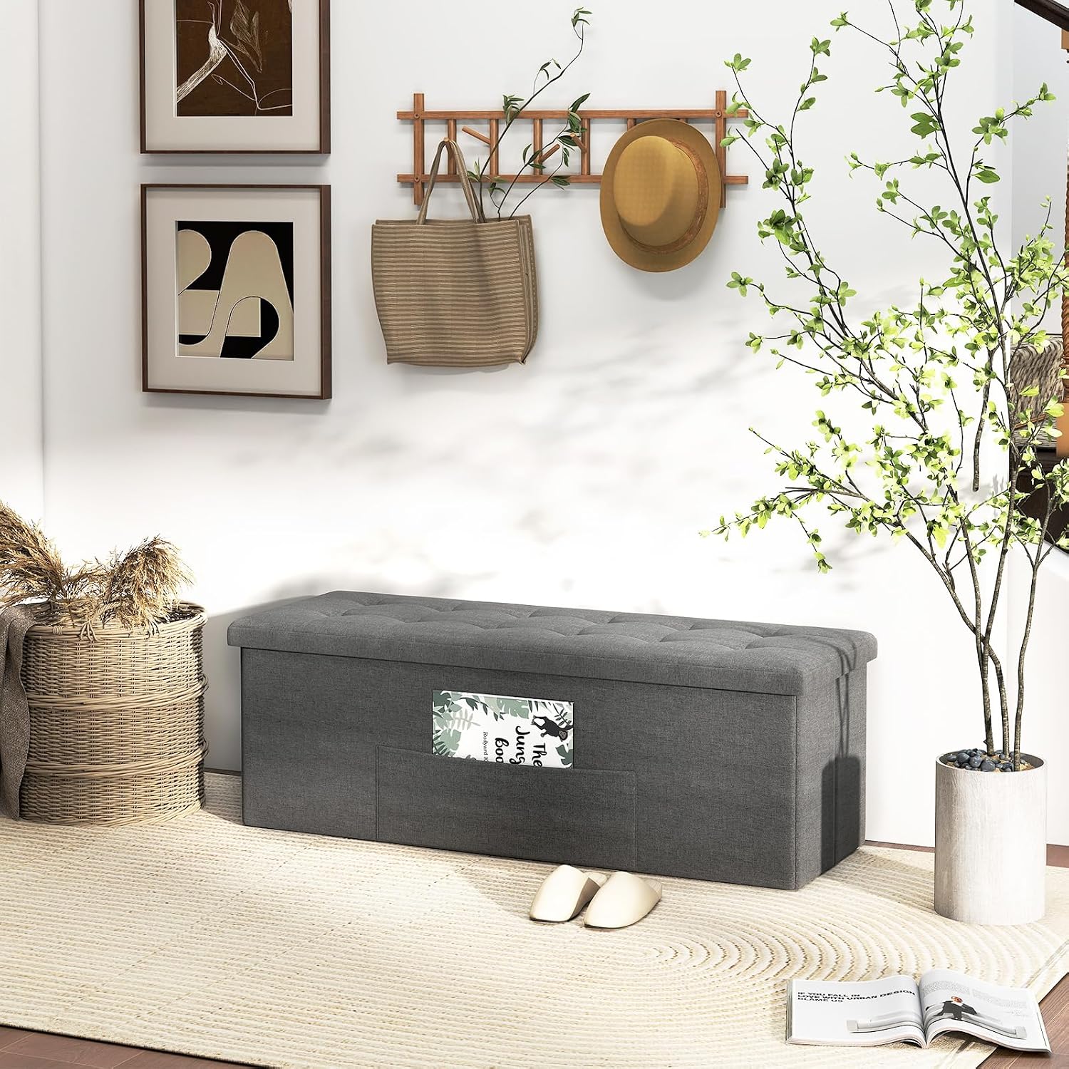 43" Folding Storage Ottoman Bench, End of Bed Foot Rest Stool with Removable Divider & Side Pocket, Storage Chest for Entryway, Living Room, Bedroom, 660 lbs Weight Capacity (Dark Grey)