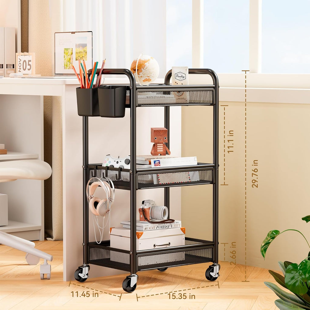 YASONIC 3 Tier Rolling Cart – Metal Utility Storage Carts with Wheels, Craft Cart Organizer with Hanging Cups, Hooks, Mesh Basket for Bedside Kitchen Office Art, Black