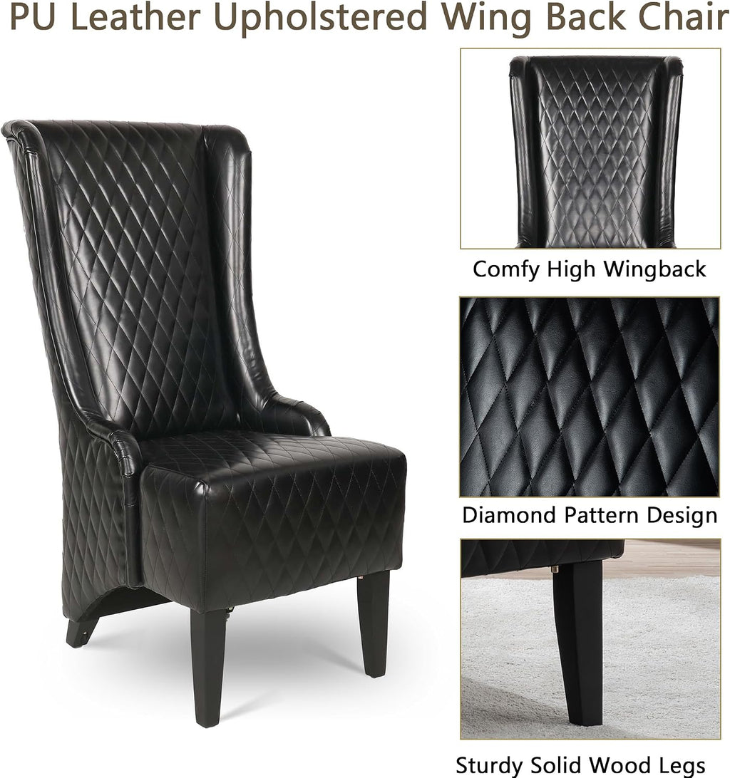 Henf High Back Dining Chair Set of 2, Upholstered Wing Back Dining Chairs King Throne Royal Chair, Retro Accent Dinner Chairs for Dining Room, Dressing Room, Bedroom, Living Room, Black PU Leather