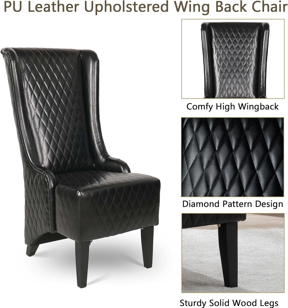 Henf High Back Dining Chair Set of 2, Upholstered Wing Back Dining Chairs King Throne Royal Chair, Retro Accent Dinner Chairs for Dining Room, Dressing Room, Bedroom, Living Room, Black PU Leather