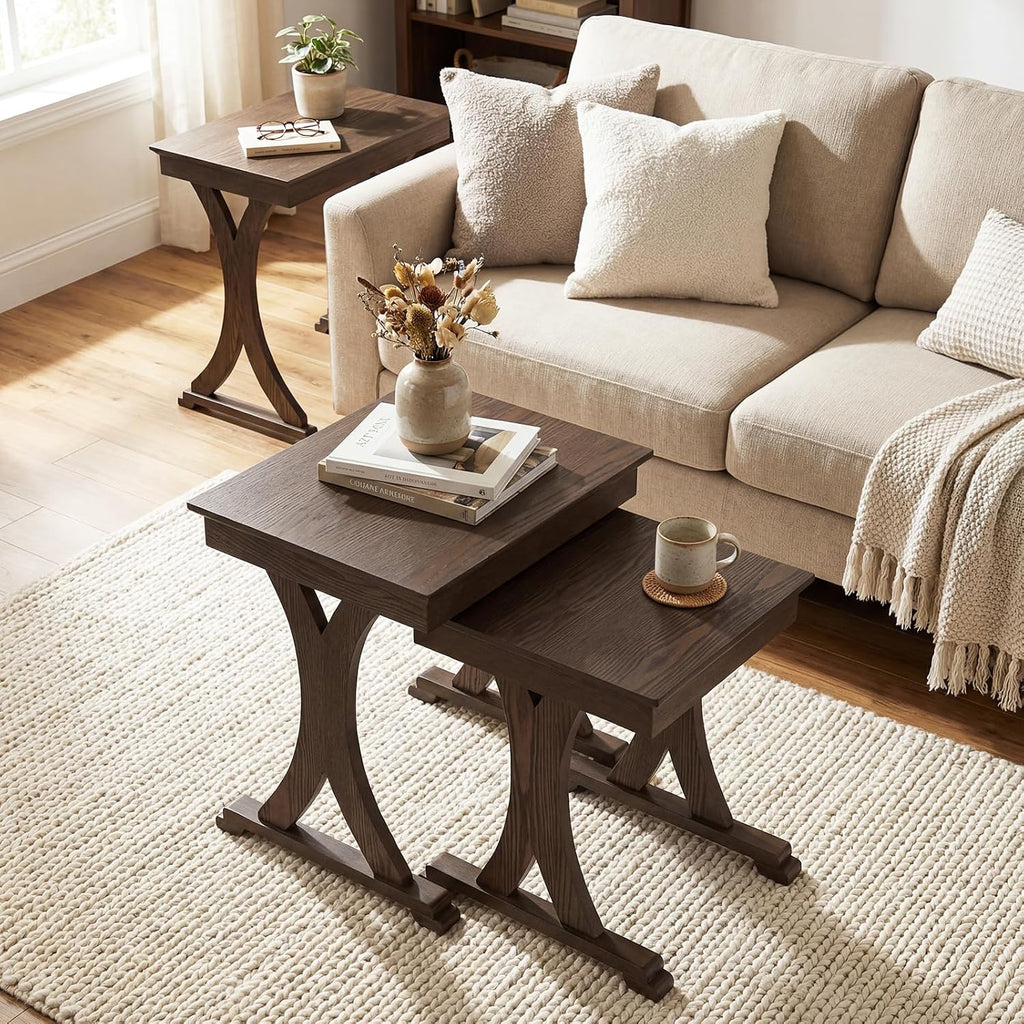 GIANTEX Nesting Coffee Table Set-of-3 - Stackable Rectangular Sofa End Side Table w/Solid Rubber Wood Legs, Vintage Farmhouse Night Stand for Bedroom Living Room Home Office Small Spaces