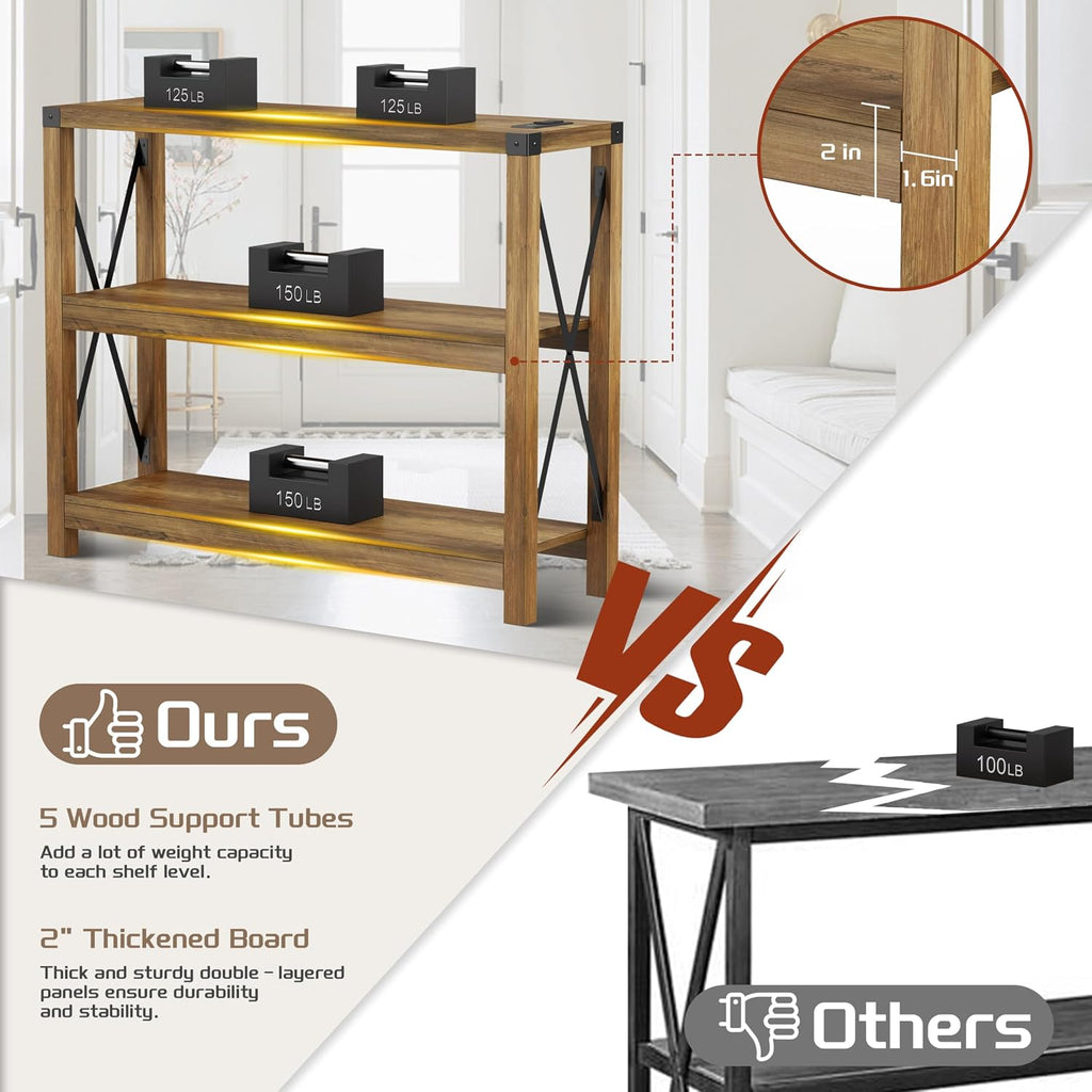 Entryway Table with Outlets and USB Ports, Console Table with 3-Tier Open Storage Shelves, Wooden Sofa Table with Metal X-Shaped Design for Living Room/Couch/Hallway/Foyer (Rustic Oak-s)