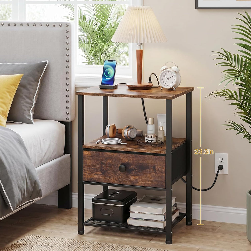 LOAKEKEL Nightstands Set of 2 with Charging Station, Side Tables Bedroom | Night Stand Set 2, End Tables Living Room with Type-C, Fabric Drawer & Open Shelves, Rustic Brown
