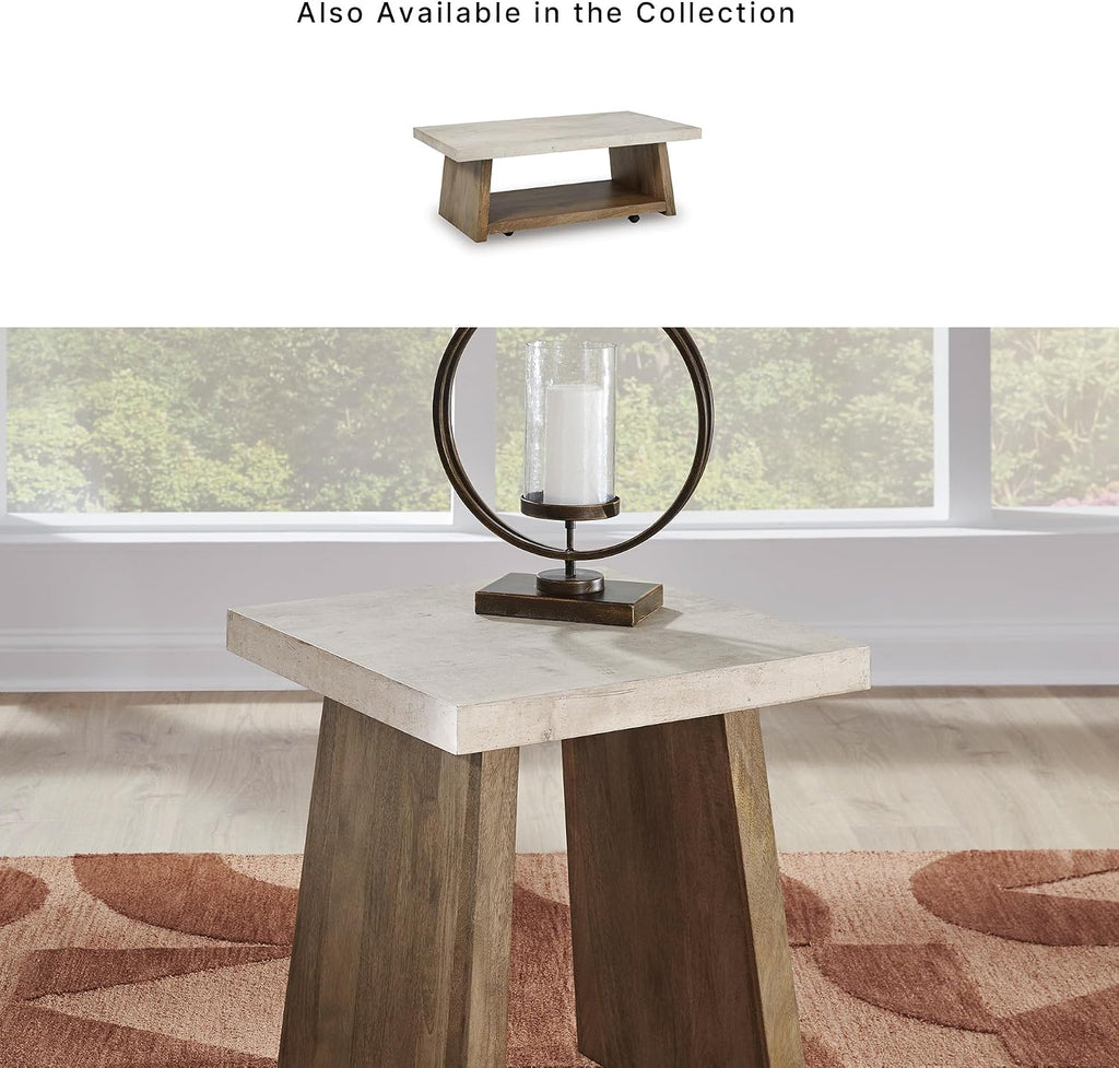 Signature Design by Ashley Brendalhouse Casual End Table with Faux Cement Top and Double Plinth Base, Solid Mango Wood, Melamine Laminate, Casually Cool Design, Light Brown & White