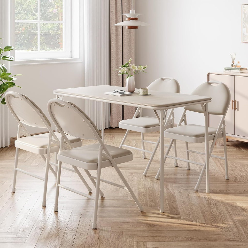 GAOMON Folding Table 4 Foot with Upholstered PU Leather Tabletop, Heavy Duty Metal Legs, Collapsible Design & Shelf Bracket, No Assembly Required, Indoor Outdoor Use, Beige
