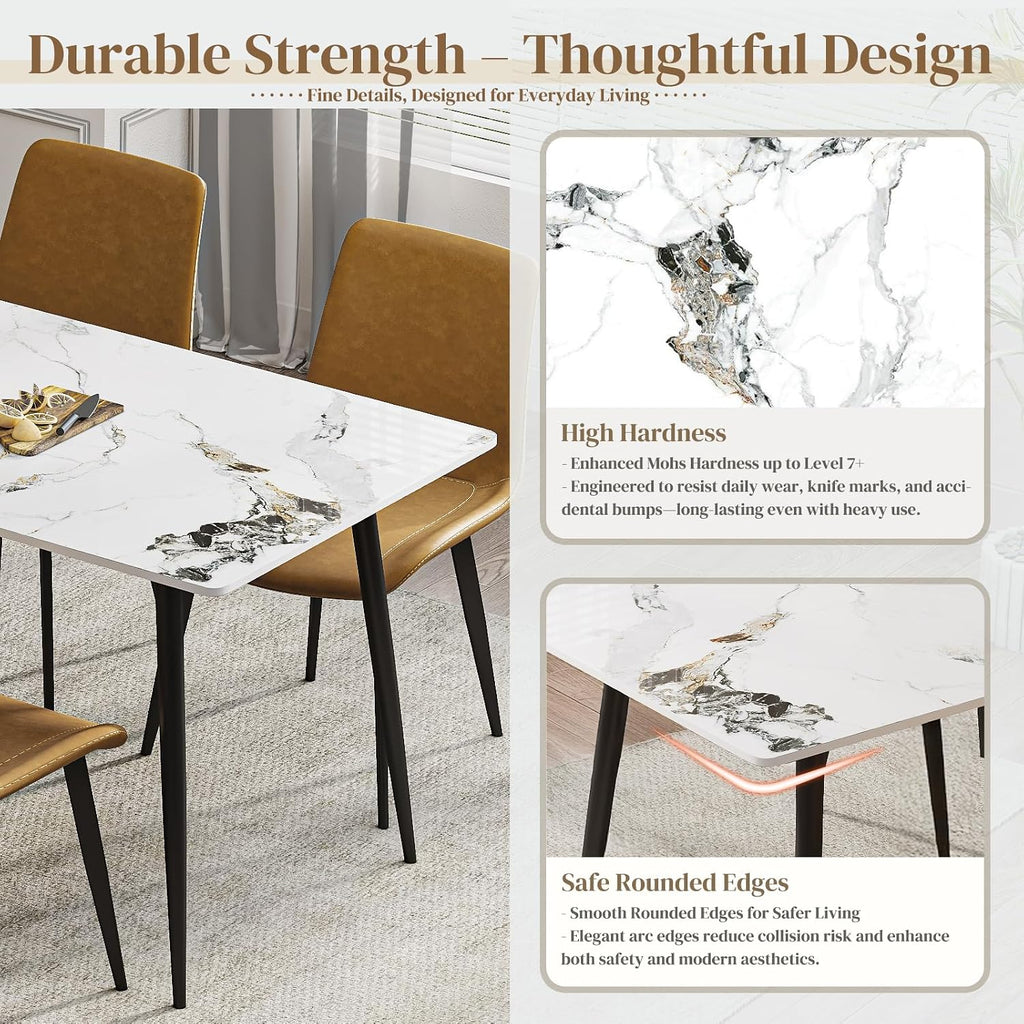 63" Sintered Stone Dining Table, Modern Rectangular Kitchen Table with Carbon Steel Legs for 4-6 Seat, Scratch Heat and Stain Resistant for Dining Room/Restaurant (White w/Black Gold Vein)