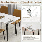 63" Sintered Stone Dining Table, Modern Rectangular Kitchen Table with Carbon Steel Legs for 4-6 Seat, Scratch Heat and Stain Resistant for Dining Room/Restaurant (White w/Black Gold Vein)