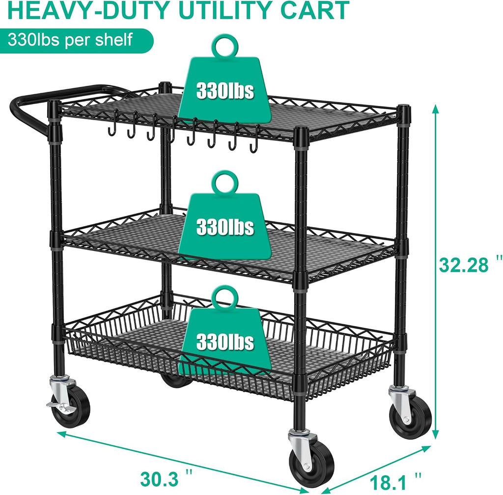 Folews Heavy Duty Rolling Cart with Wheels, 3 Tier Commercial Grade Utility Cart, Metal Storage Organizer Trolley with Handle Bar & Shelf Liner for Pantry, Laundry Room & Household Supplies, Black