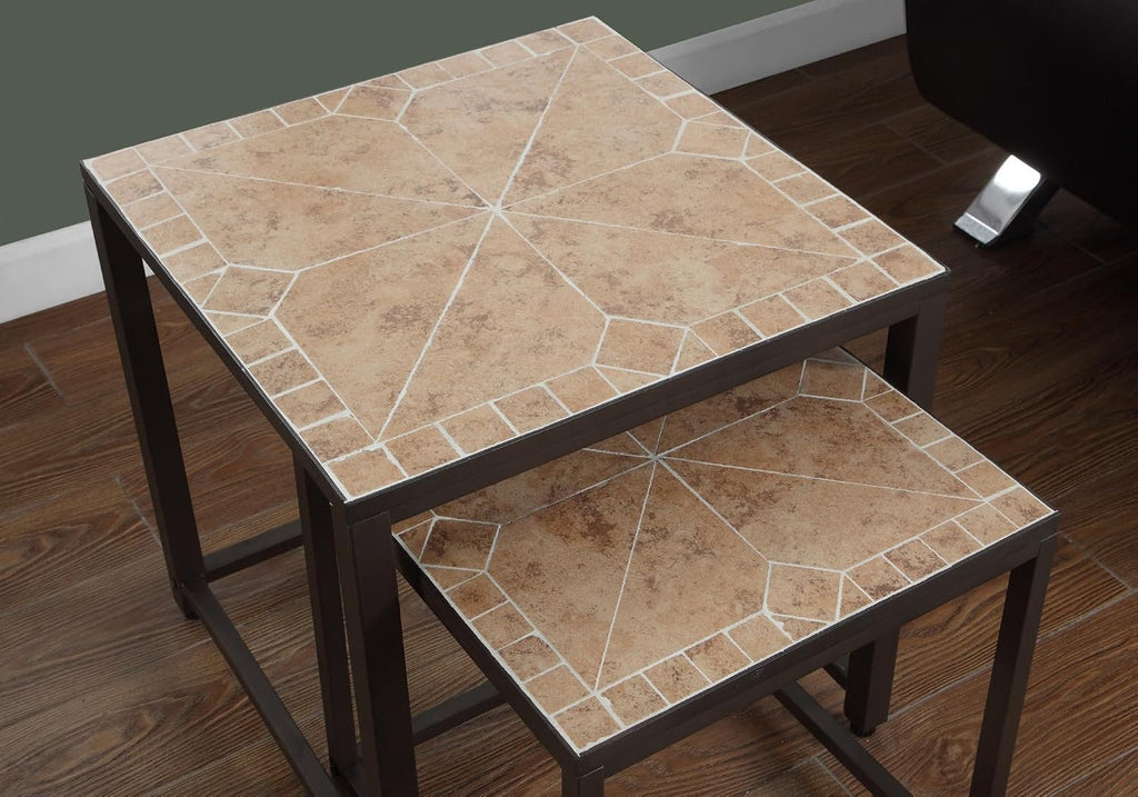 Set of 2 Nesting Tables, Metal, Brown, Transitional Style | Dual-size nesting tables with light brown terracotta tile tops and reinforced metal bases